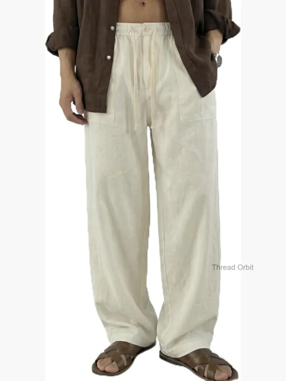 Men's Casual Linen Cotton Pants Elastic Waist Summer Beach Trousers Lightweight